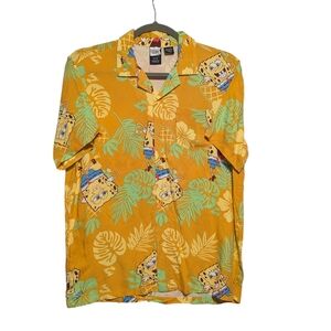 Spongebob Squarepants Shirts Mens Sz L Orange Floral Hawaiian Nickelodeon (A1)